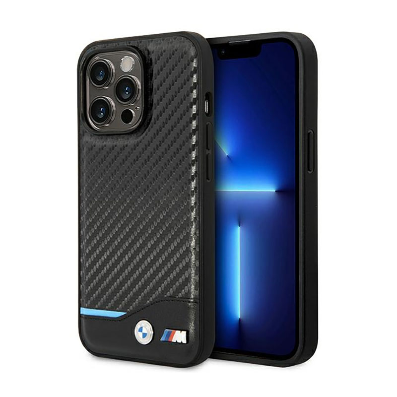 BMW Leather Carbon Blue Line – Etui iPhone 14 Pro (Czarny)