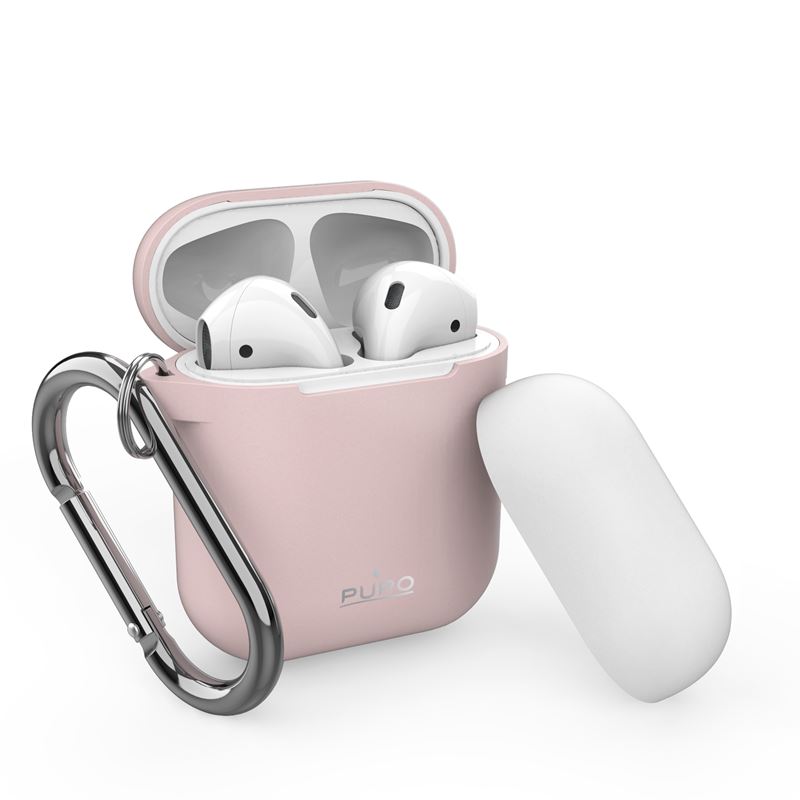 PURO ICON Case with hook - Etui Apple AirPods 1 & 2 generacji z dodatkową osłonką i karabińczykiem (Rose + White Cap)