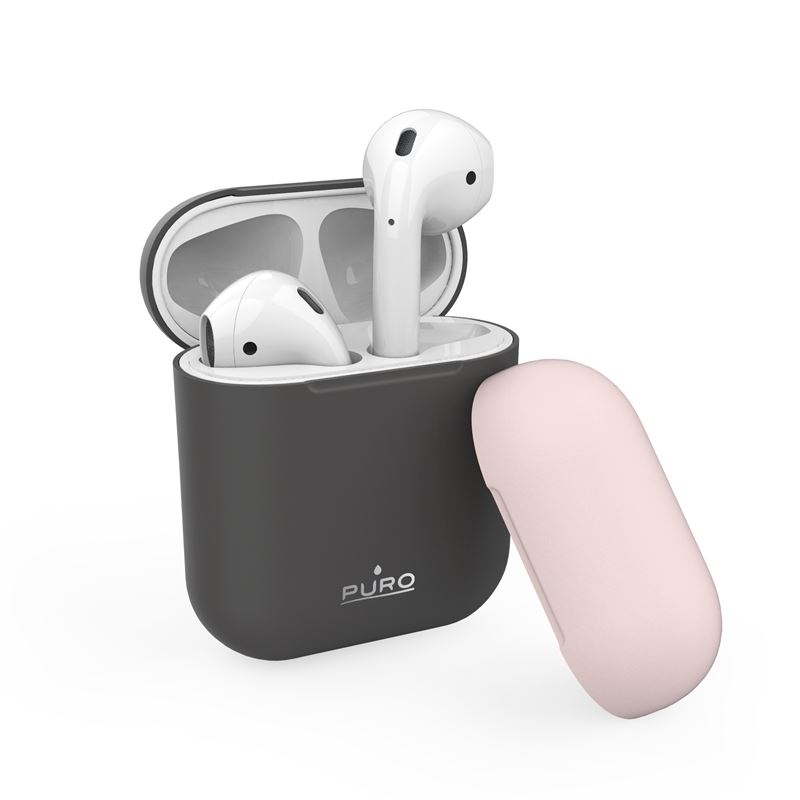 PURO ICON Case - Etui Apple AirPods 1 & 2 generacji z dodatkową osłonką (Dark Grey + Rose Cap)