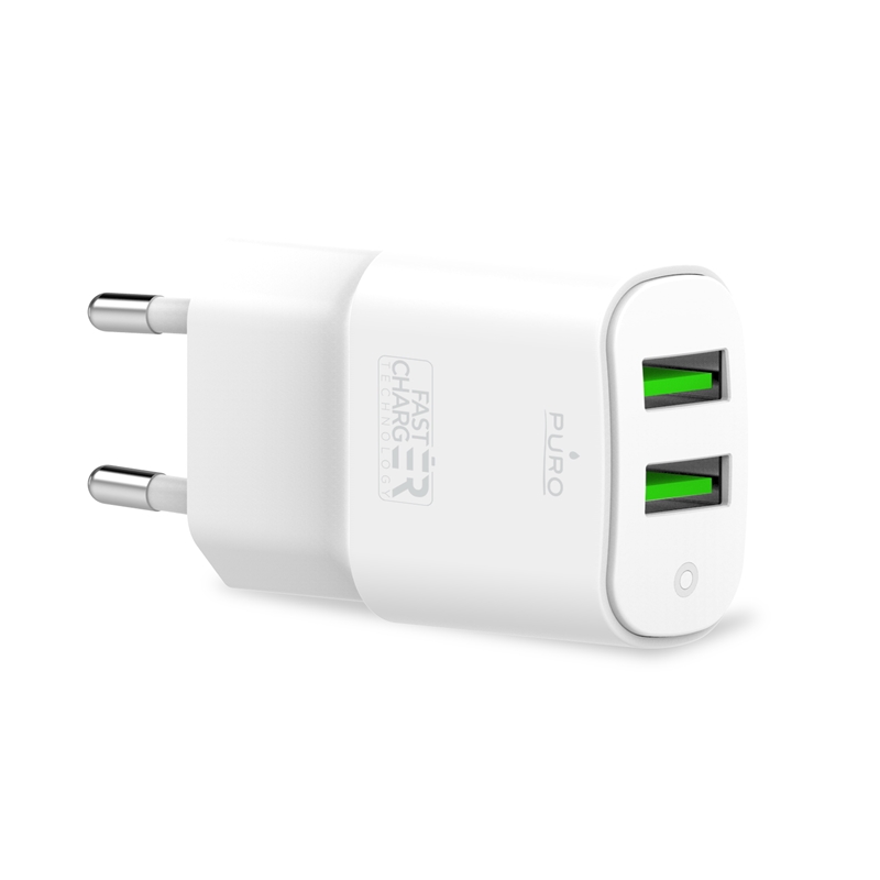 PURO White Mini Travel Fast Charger – Szybka ładowarka sieciowa 2 x USB-A 12 W, 2.4 A (biały)