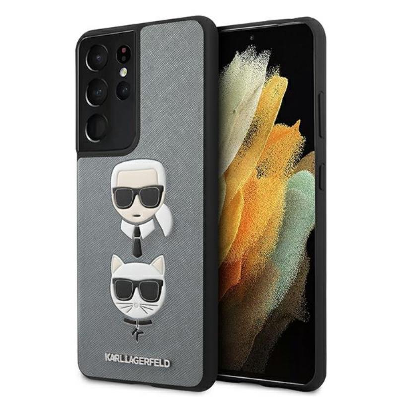 Karl Lagerfeld Saffiano Karl & Choupette Heads - Etui Samsung Galaxy S21 Ultra (srebrny)