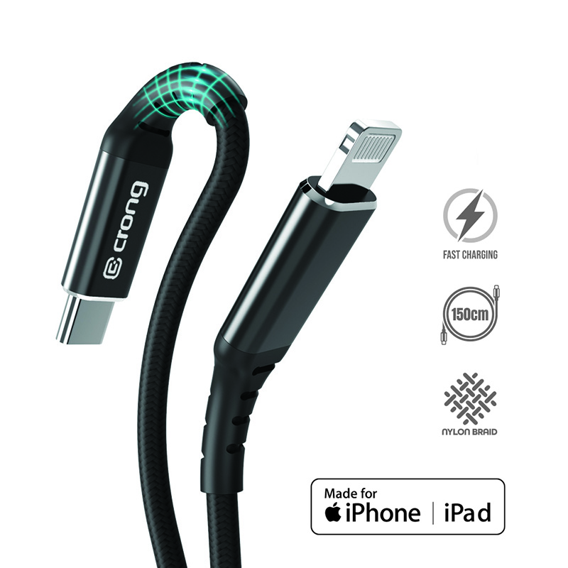 Crong Armor Link – Kabel MFi USB-C / Lightning w oplocie 150cm (czarny)