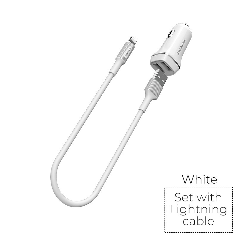 Borofone - ładowarka samochodowa 2x USB kabel Lightning w zestawie, biały