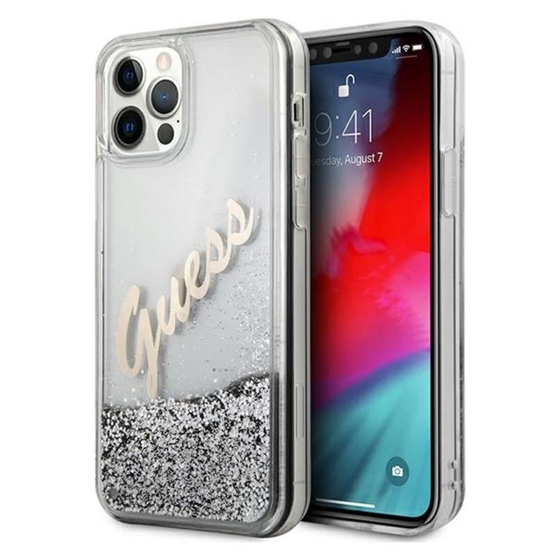 Guess Glitter Vintage Script - Etui iPhone 12 / iPhone 12 Pro (srebrny)