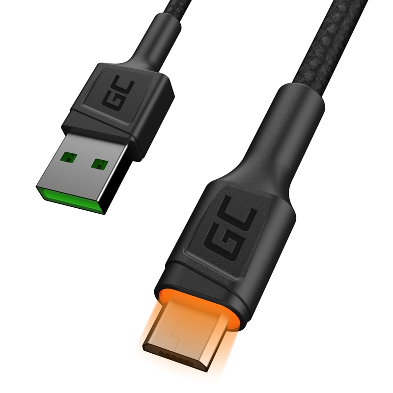 Green Cell Ray - Kabel Przewód USB - microUSB 120cm z żółtym podświetleniem LED, szybkie ładowanie Ultra Charge, QC3.0