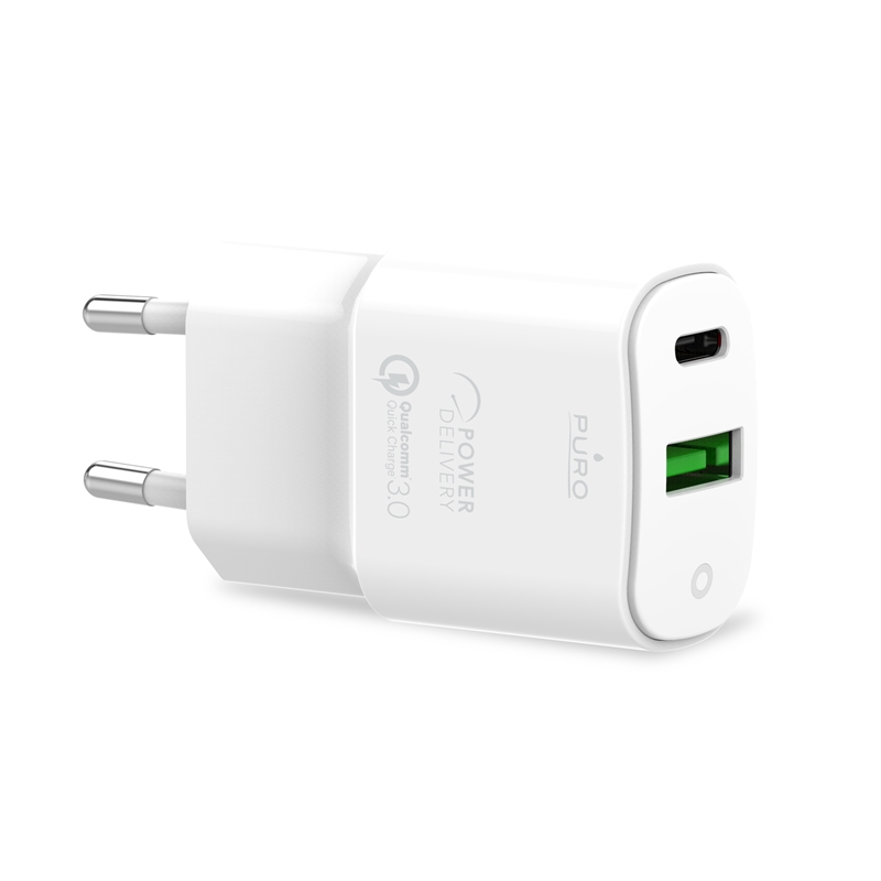 PURO White Mini Fast Travel Charger - Szybka ładowarka sieciowa USB-A + USB-C Power Delivery 20W (biały)