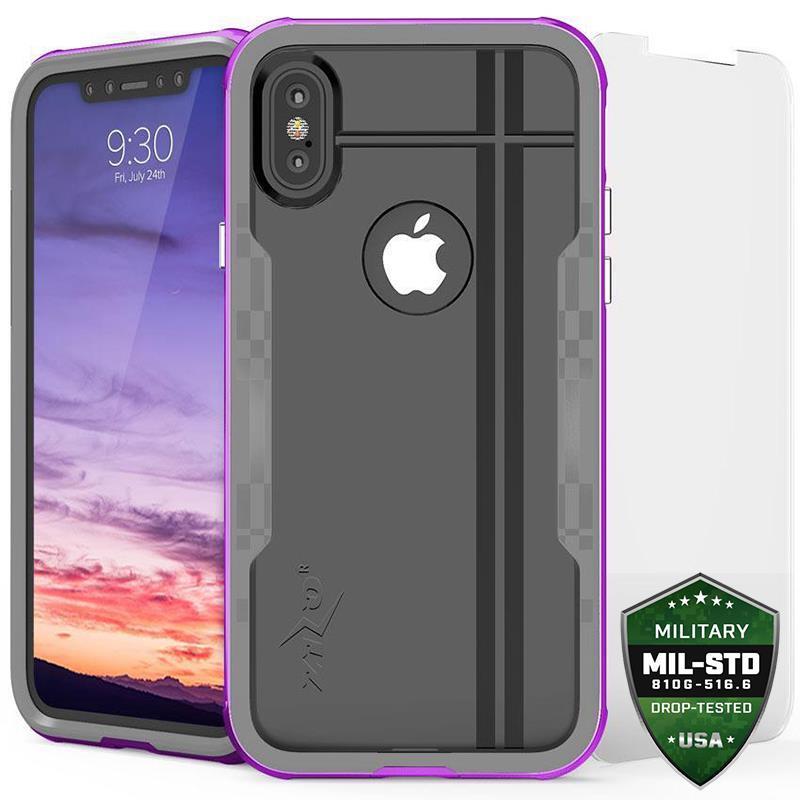 Zizo Shock Case - Pancerne etui iPhone Xs / X z hartowanym szkłem na ekran (Purple/Gray)